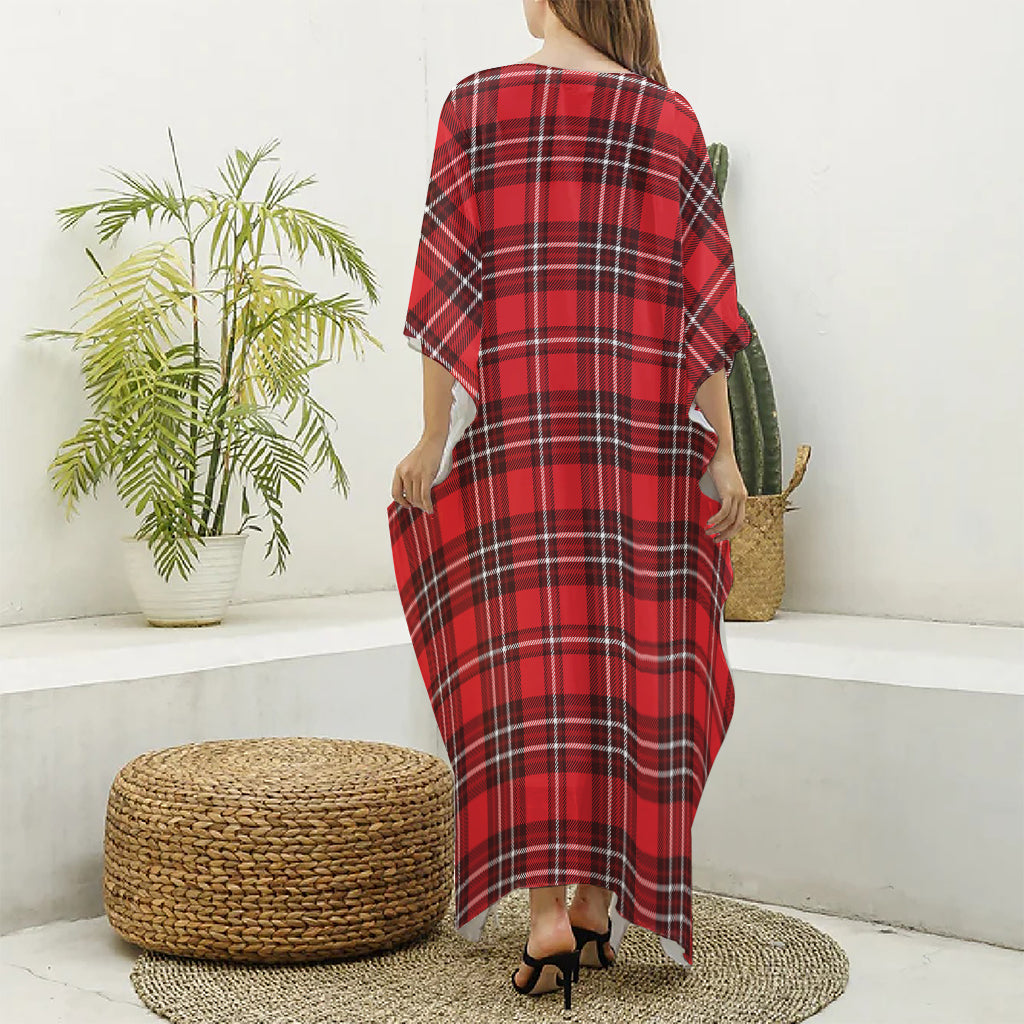 Red And White Tartan Pattern Print Silk V-Neck Kaftan Dress