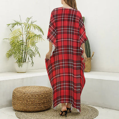 Red And White Tartan Pattern Print Silk V-Neck Kaftan Dress