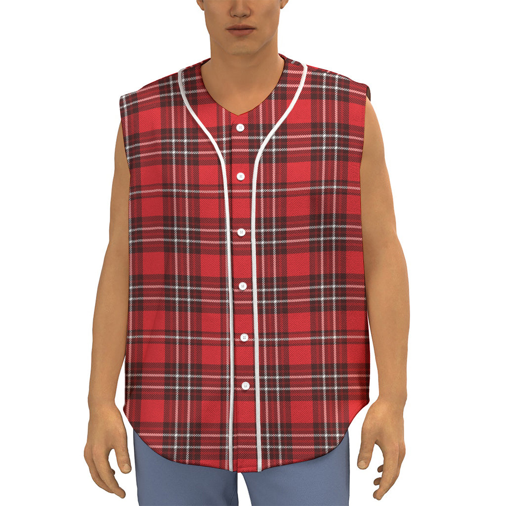 Red And White Tartan Pattern Print Sleeveless Baseball Jersey