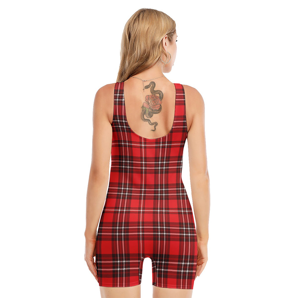 Red And White Tartan Pattern Print Sleeveless One Piece Swimsuit