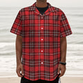 Red And White Tartan Pattern Print Textured Short Sleeve Shirt