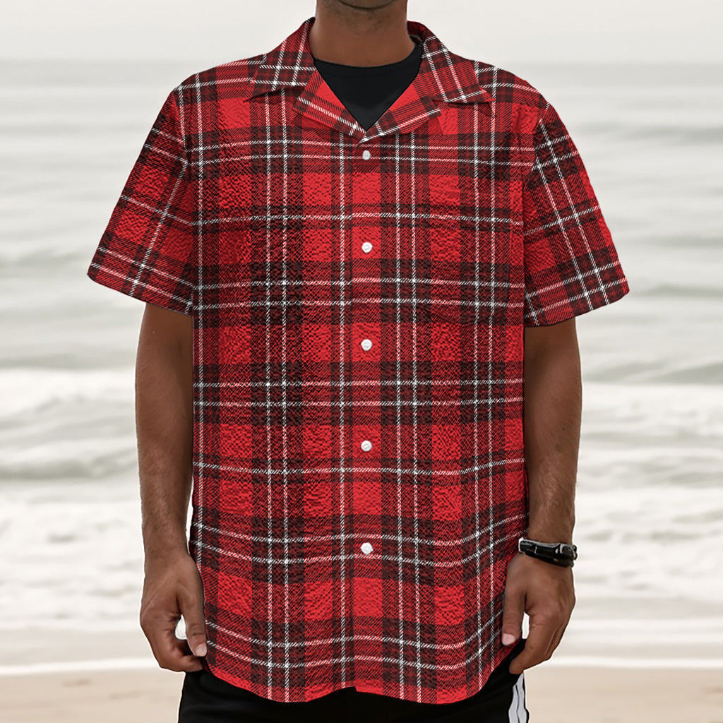 Red And White Tartan Pattern Print Textured Short Sleeve Shirt