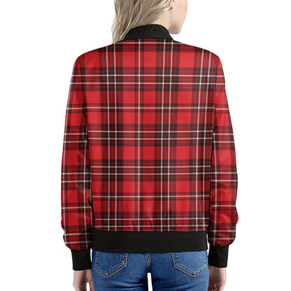 Red And White Tartan Pattern Print Women's Bomber Jacket