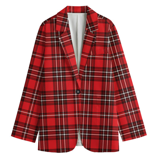 Red And White Tartan Pattern Print Women's Cotton Blazer