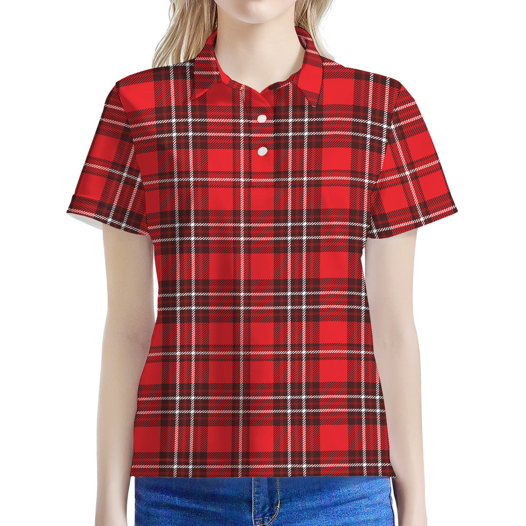 Red And White Tartan Pattern Print Women's Polo Shirt