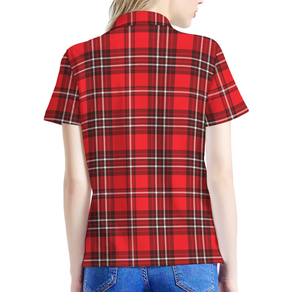 Red And White Tartan Pattern Print Women's Polo Shirt