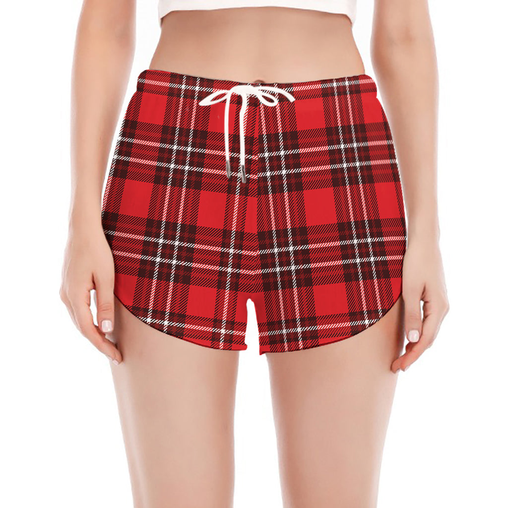Red And White Tartan Pattern Print Women's Split Running Shorts