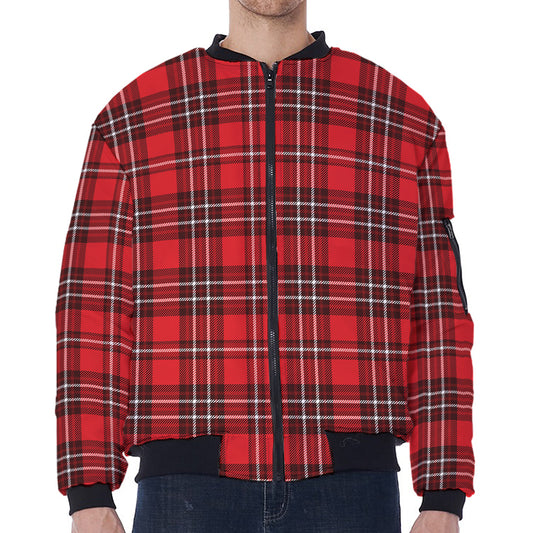 Red And White Tartan Pattern Print Zip Sleeve Bomber Jacket