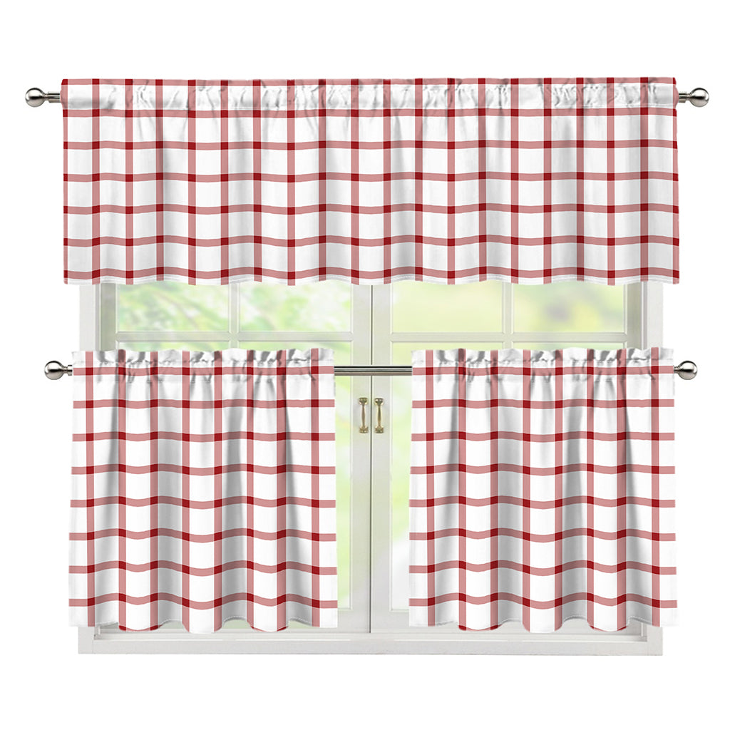 Red And White Tattersall Pattern Print 3 Piece Kitchen Curtains