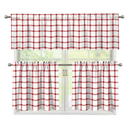 Red And White Tattersall Pattern Print 3 Piece Kitchen Curtains