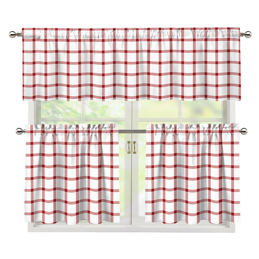 Red And White Tattersall Pattern Print 3 Piece Kitchen Curtains