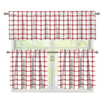 Red And White Tattersall Pattern Print 3 Piece Kitchen Curtains