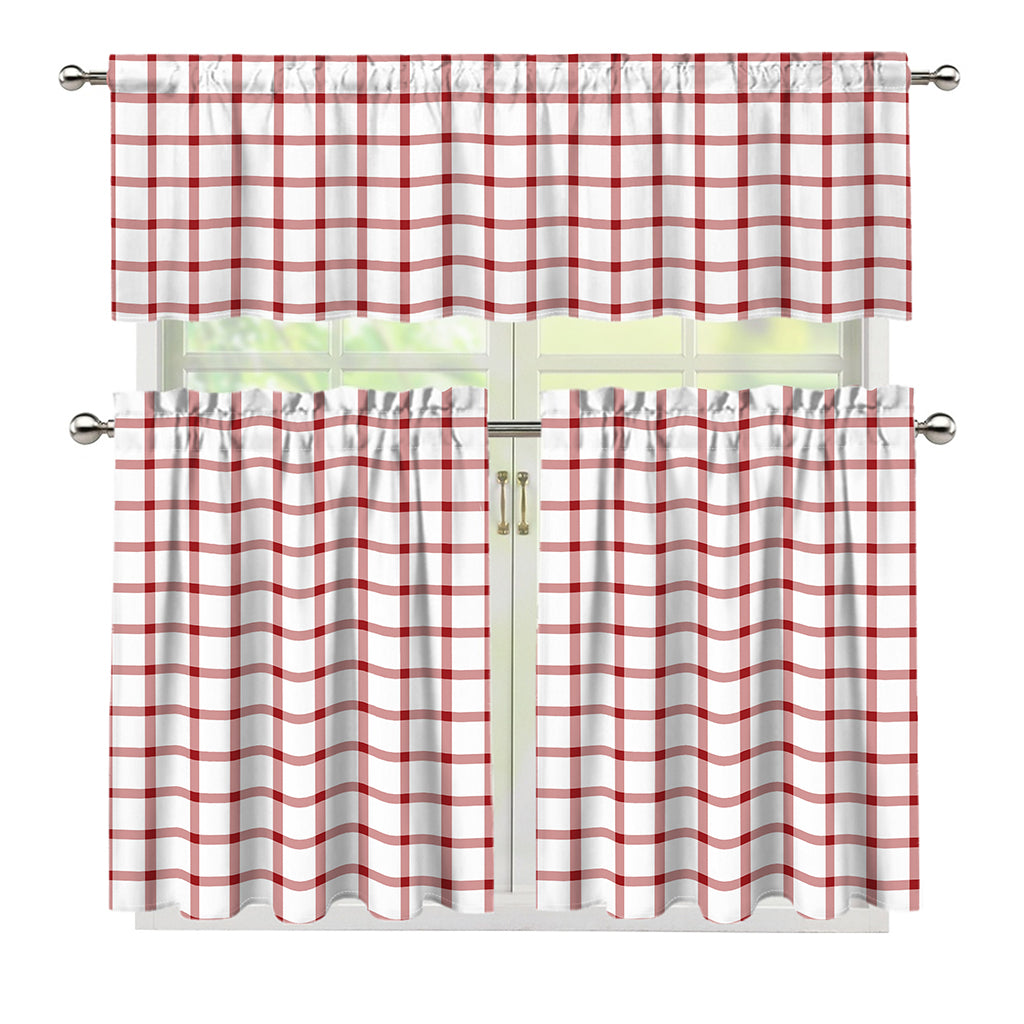 Red And White Tattersall Pattern Print 3 Piece Kitchen Curtains