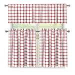 Red And White Tattersall Pattern Print 3 Piece Kitchen Curtains