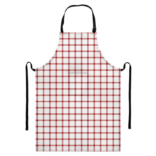 Red And White Tattersall Pattern Print Bib Apron With Pocket