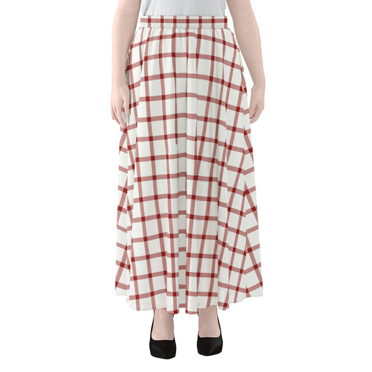 Red And White Tattersall Pattern Print Chiffon Maxi Skirt