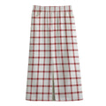 Red And White Tattersall Pattern Print Cotton Front Slit Maxi Skirt