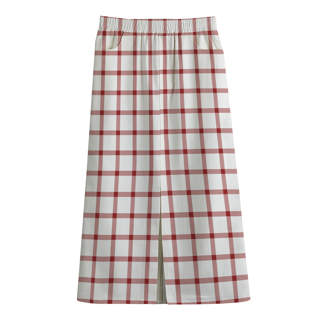 Red And White Tattersall Pattern Print Cotton Front Slit Maxi Skirt