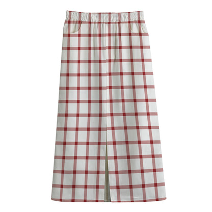 Red And White Tattersall Pattern Print Cotton Front Slit Maxi Skirt