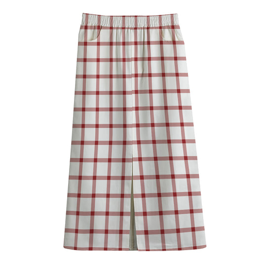 Red And White Tattersall Pattern Print Cotton Front Slit Maxi Skirt
