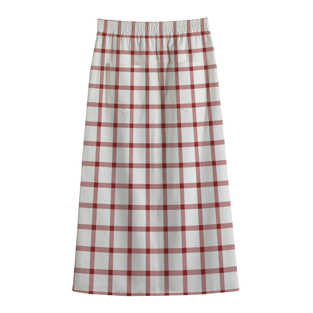 Red And White Tattersall Pattern Print Cotton Front Slit Maxi Skirt