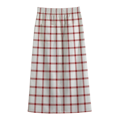 Red And White Tattersall Pattern Print Cotton Front Slit Maxi Skirt