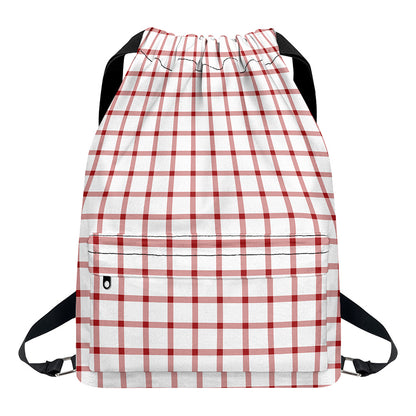 Red And White Tattersall Pattern Print Drawstring Backpack