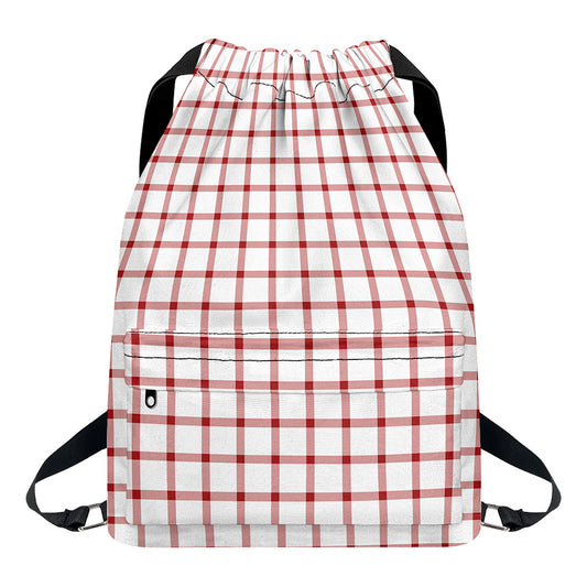 Red And White Tattersall Pattern Print Drawstring Backpack