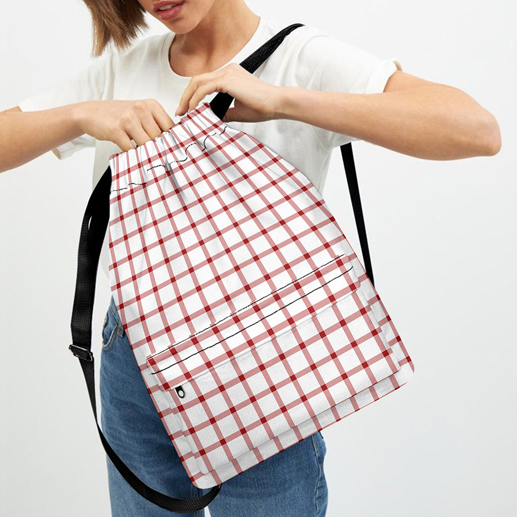 Red And White Tattersall Pattern Print Drawstring Backpack