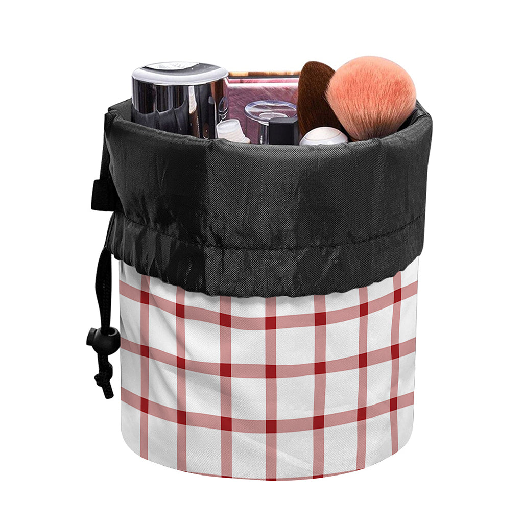 Red And White Tattersall Pattern Print Drawstring Makeup Bag