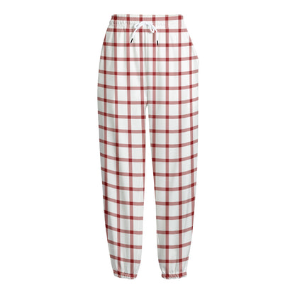 Red And White Tattersall Pattern Print Fleece Lined Knit Pants