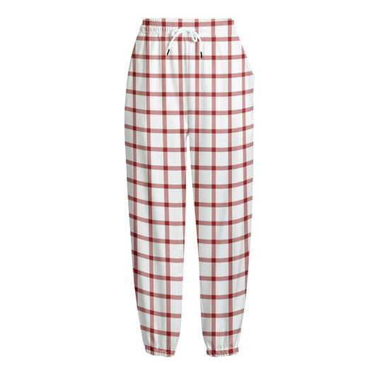 Red And White Tattersall Pattern Print Fleece Lined Knit Pants