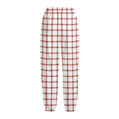 Red And White Tattersall Pattern Print Fleece Lined Knit Pants