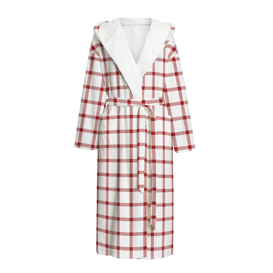 Red And White Tattersall Pattern Print Hooded Bathrobe
