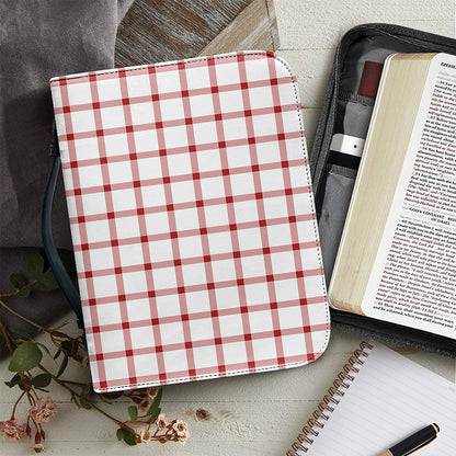 Red And White Tattersall Pattern Print Leather Bible Cover