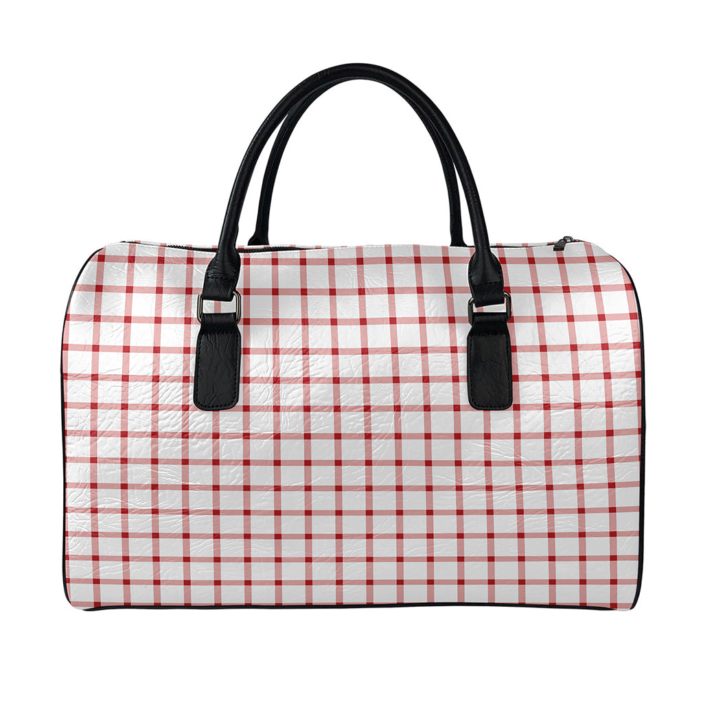 Red And White Tattersall Pattern Print Leather Duffle Bag