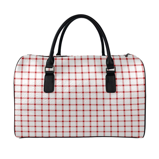 Red And White Tattersall Pattern Print Leather Duffle Bag
