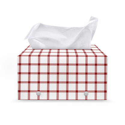 Red And White Tattersall Pattern Print Leather Tissue Box Cover