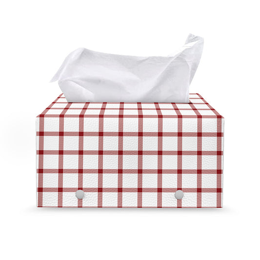 Red And White Tattersall Pattern Print Leather Tissue Box Cover