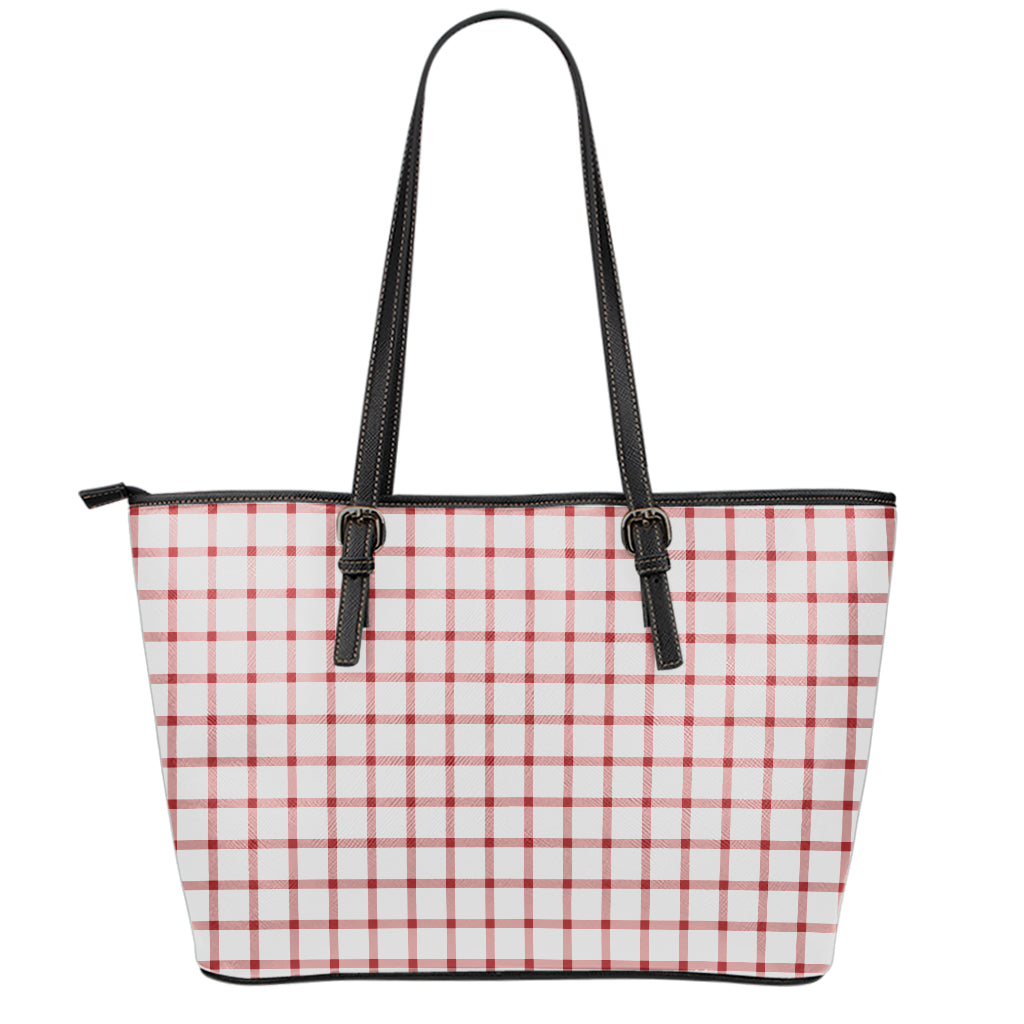Red And White Tattersall Pattern Print Leather Tote Bag