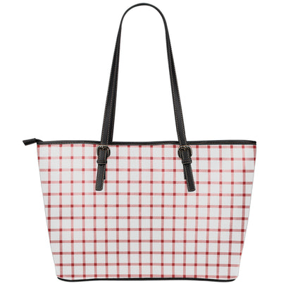 Red And White Tattersall Pattern Print Leather Tote Bag