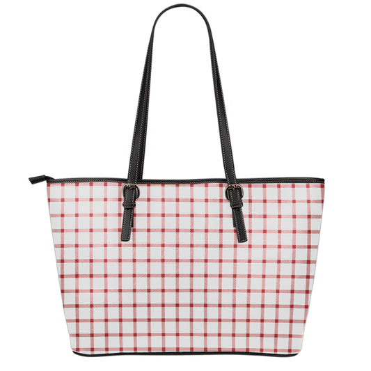 Red And White Tattersall Pattern Print Leather Tote Bag