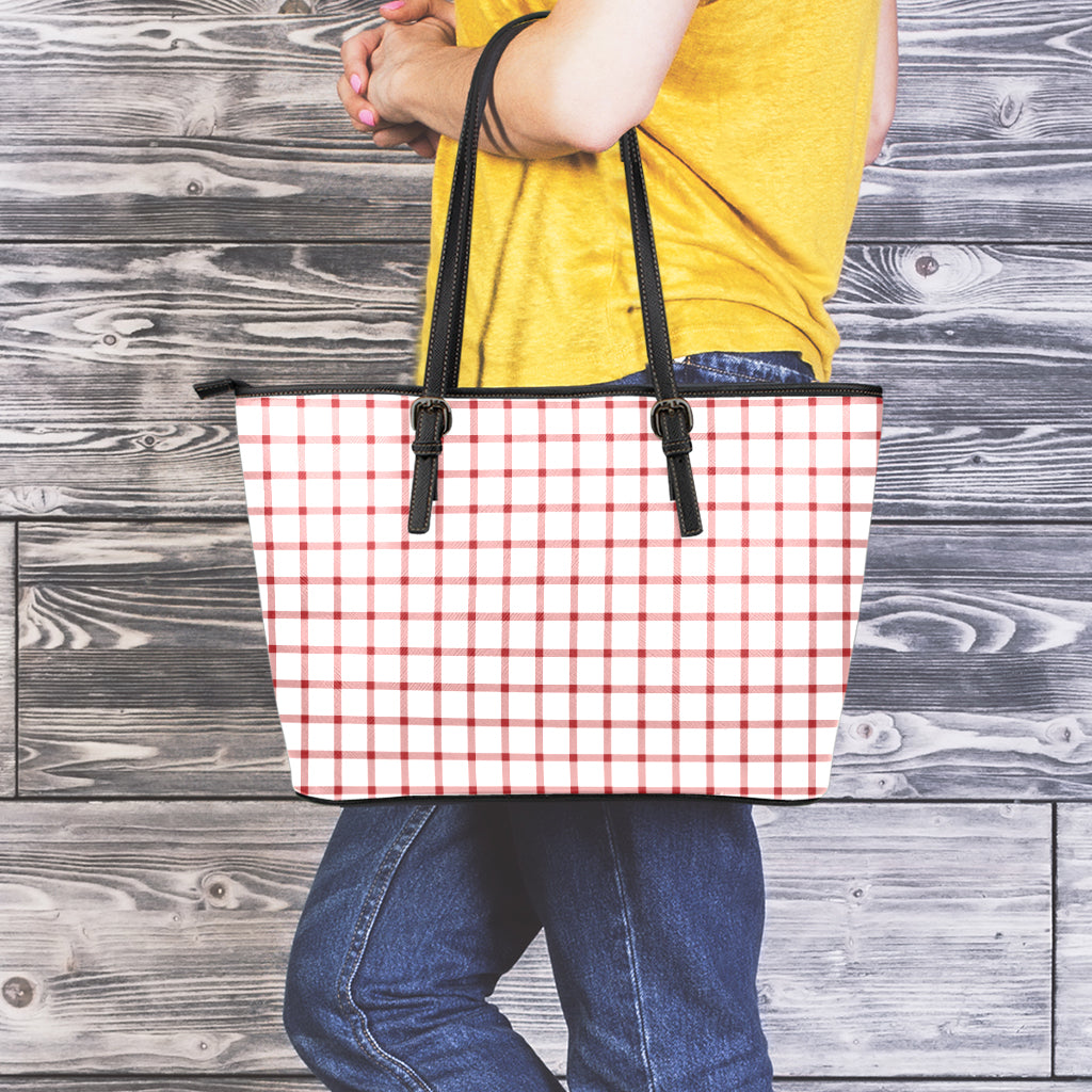 Red And White Tattersall Pattern Print Leather Tote Bag