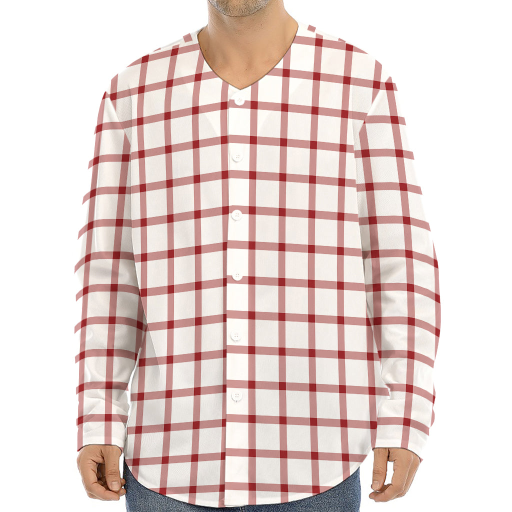 Red And White Tattersall Pattern Print Long Sleeve Baseball Jersey