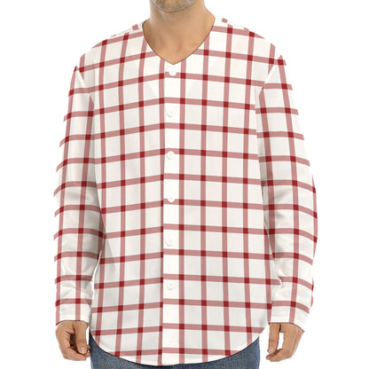 Red And White Tattersall Pattern Print Long Sleeve Baseball Jersey