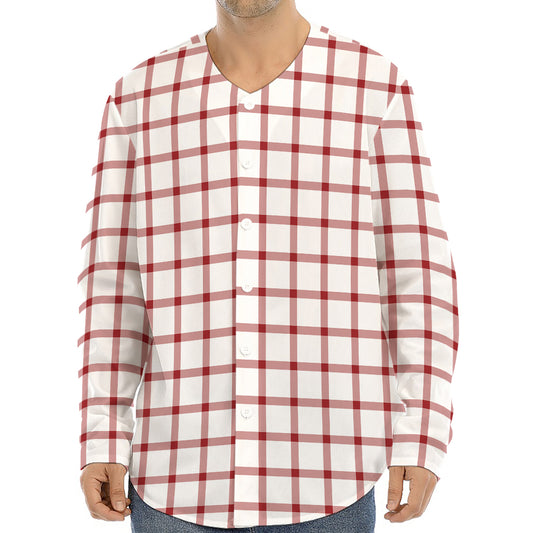Red And White Tattersall Pattern Print Long Sleeve Baseball Jersey
