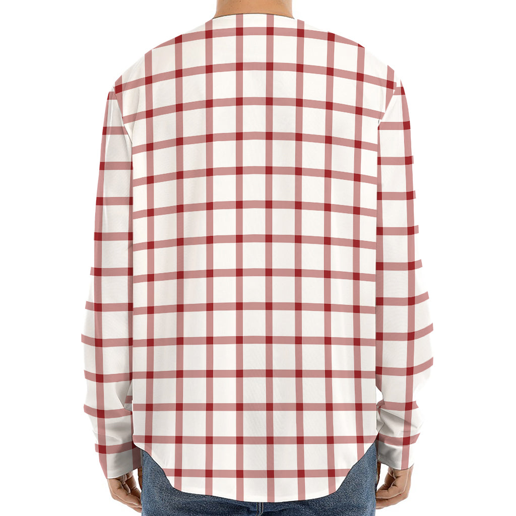 Red And White Tattersall Pattern Print Long Sleeve Baseball Jersey