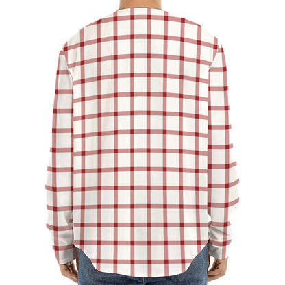 Red And White Tattersall Pattern Print Long Sleeve Baseball Jersey