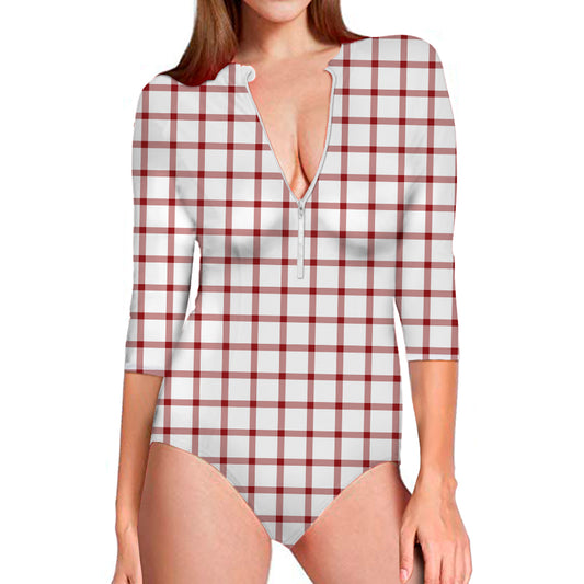 Red And White Tattersall Pattern Print Long Sleeve Swimsuit