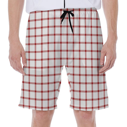 Red And White Tattersall Pattern Print Men's Beach Shorts